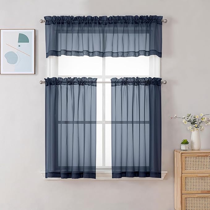 Chyhomenyc Sheer Valances for Windows 2 Pack, Small Window Curtains for Living Room Bathroom Cafe Laundry Basement, Modern Top Dual Rod Pocket Voile Curtain, 42W x 18L inches, Navy Blue