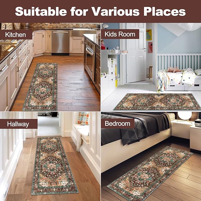 Yamaziot Washable Runner Rug, 2x5 Non-Slip Boho Vintage Hallway Rug Runner with Rubber Backing, Stain Resistant Distressed Carpet Runner for Bedroom, Kitchen, Laundry, Entrance