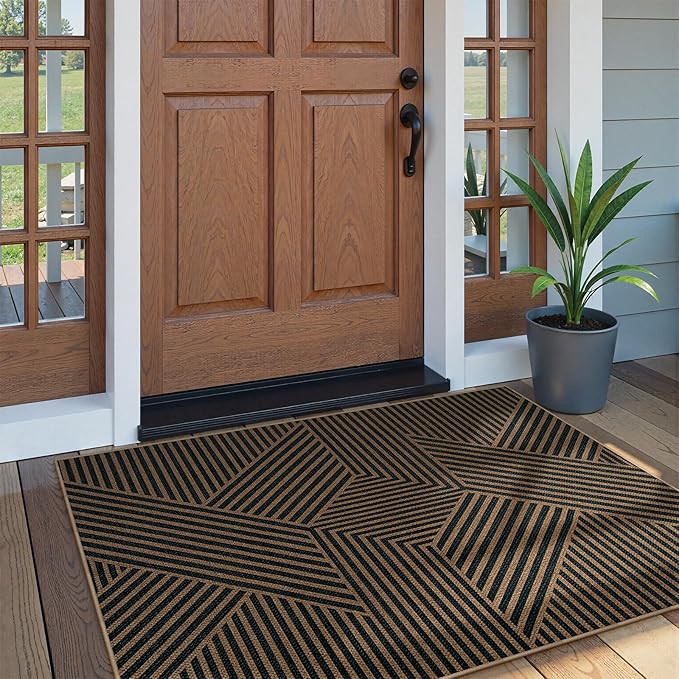 Lahome Enfys Modern Geometric Outdoor Easy Jute Rug, 3x5 Indoor Outdoor Rugs for Living Room Black Entryway Carpet, Farmhouse Washable Non Slip Carpet for Patio Courtyard Bedroom