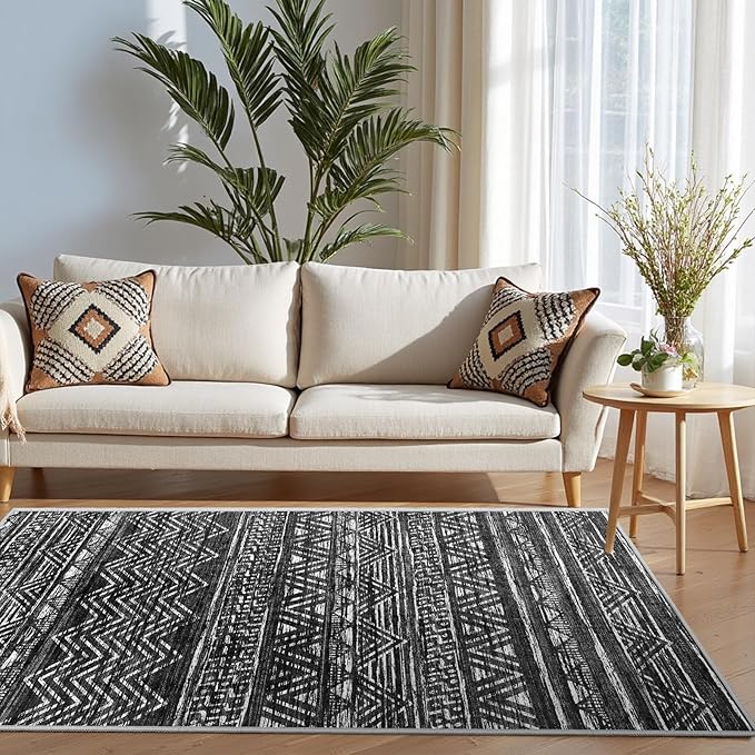 3x5 Washable Entryway Area Rug: Modern Moroccan Small Runner Rug Indoor Soft Non Slip Rug for Living Room Low Pile Thin Floor Carpet for Kitchen Dining Room Bedroom Home Office Decor(3x5,Black)