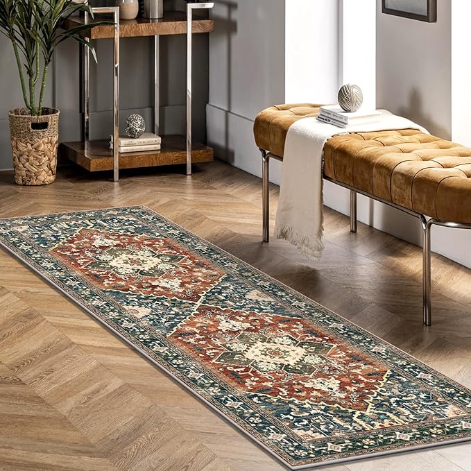 Yamaziot Washable Runner Rug, 2x6 Non-Slip Boho Vintage Hallway Rug Runner with Rubber Backing, Stain Resistant & Low Pile Faux Wool Distressed Carpet Runner for Kitchen, Laundry, Entrance