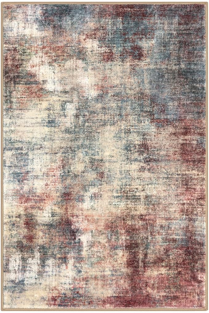 IOHOUZE Abstract Area Rugs 6x9 Ft Washable Rugs for Living Room, Non Slip Dining Room Rug, Printed Faux Wool Rugs for Bedroom, Floor Carpet for Office Nursery Playroom, Red/Multi