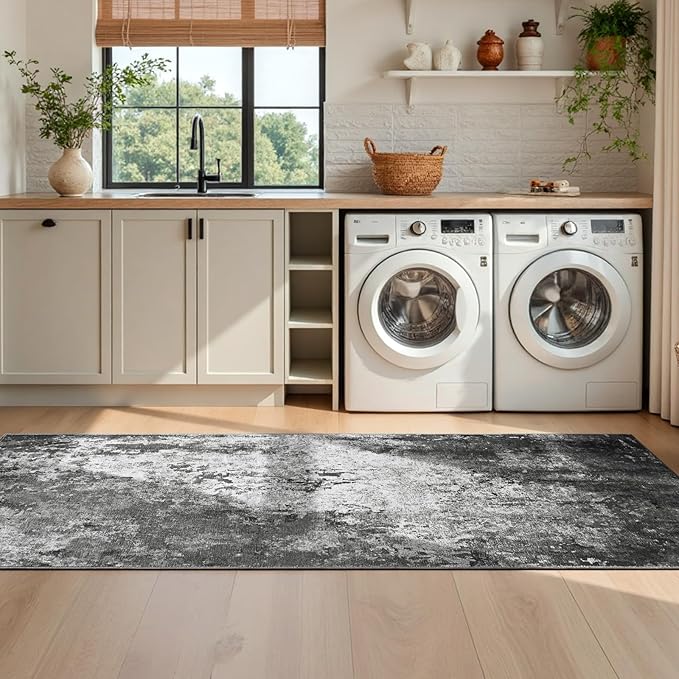 2.6x8 Black Rug Runners for Hallways Kitchen Runner Rug Non Slip Washable Black Long Runner Rugs with Rubber Backing Soft Abstract Carpet Runner for Bedroom, Kitchen, Bathroom, Entryway