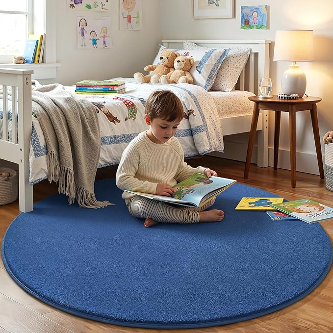 Amearea Blue Round Area Rugs 4ft Washable Circle Rugs for Bedroom Living Room, Fluffy Indoor Thickened Memory Foam Rug, Non Slip Minimalist Circular Carpet for Kids Boys Girls Dorm Nursery Room Decor