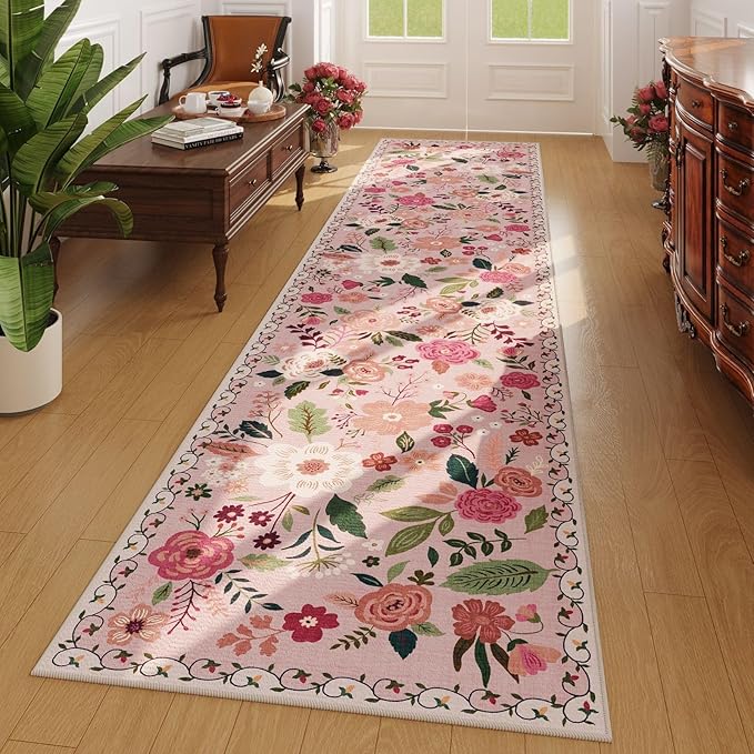 Rugcomf Long Hallway Runner Rug 2'7"x14' - Floral Washable Non Slip Boho Carpet for Kitchen, Entryway, Hall, Bathroom - Pink