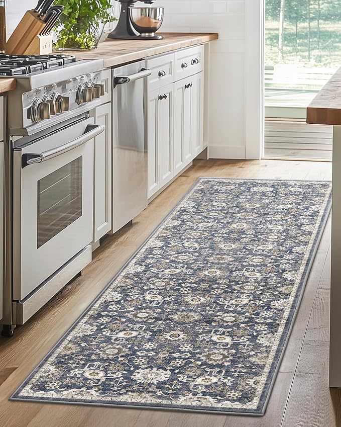 AMADA HOMEFURNISHING 2x6 Washable Runner Rug, Low-Profile Kitchen Rugs with Non-Slip Backing & Durable Edge Binding, Vintage Entryway Runner Rug for Bedroom & Hallway