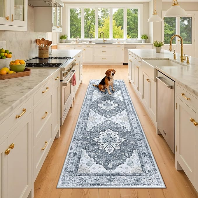 RELEANY Area Rugs 2'x8' Runner Rug Non Slip Washable for Kitchen Hallway Bedroom Beside Laundry Room Bathroom Rug, Floor Carpet, Light Gray Grey White