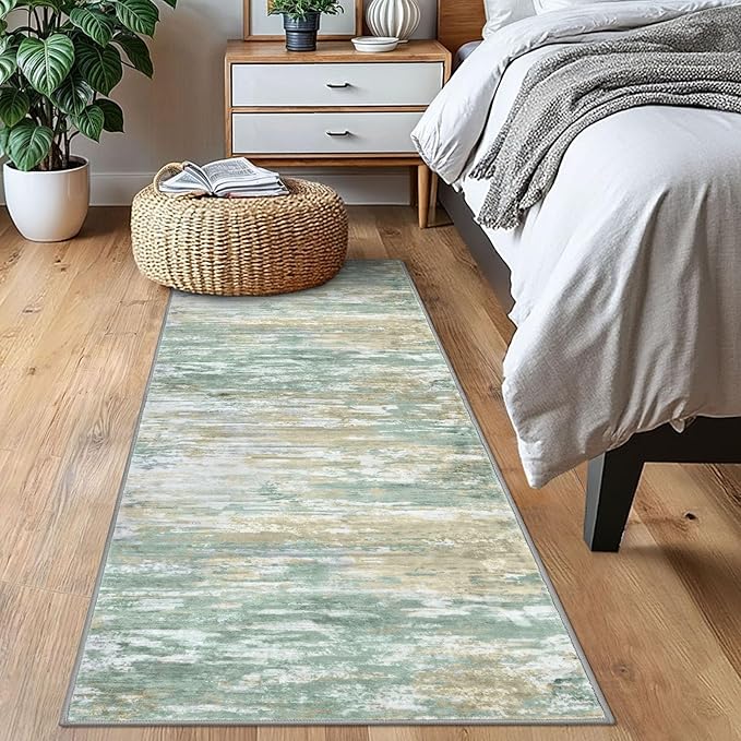 KOZYFLY Modern Abstract Runner Rugs 2x6 Light Green Yellow Machine Washable Area Rug for Bedroom Non-Slip Living Room Rug, Faux Wool Soft Low Pile Office Carpet for Bedroom, Kitchen Bathroom