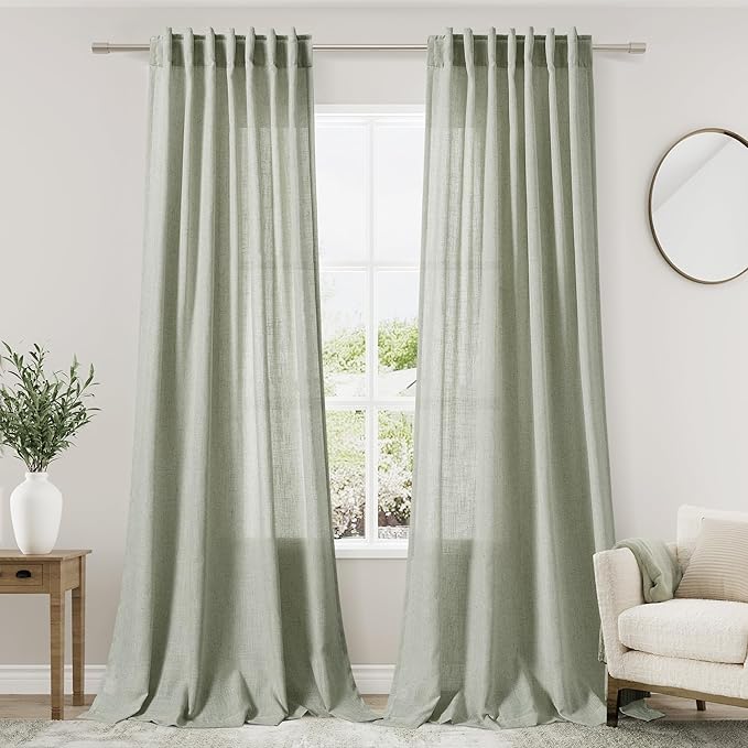 Sage Curtains 90 inches Long 2 panels for Living Room Back Tab Rod Pocket Semi Sheer Linen Draperies Muted Neutral Sage Green Room Decor Earth Tone Pale Green Curtains for Diningroom Bedroom Office