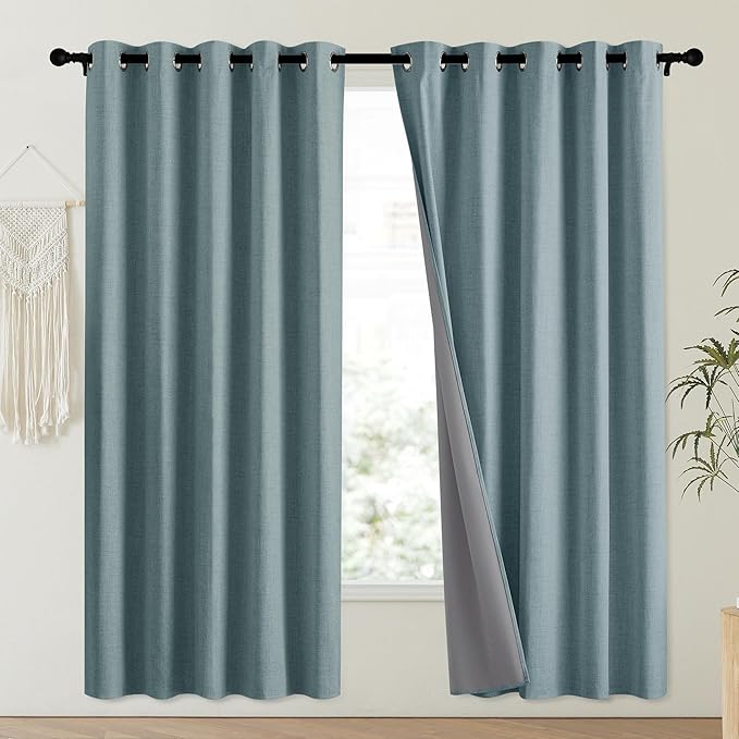NICETOWN 100% Absolutely Blackout Linen Curtains with Thermal Insulated Liner, Skylark Blue, 62" Wide, 72" Length Energy Saving Curtains for Playroom 2 Panels Set, Vertical Blinds
