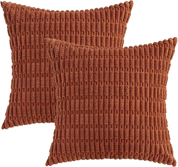 MIULEE Pack of 2 Dark Rust Corduroy Decorative Pillow Covers 18x18 Inch Soft Boho Striped Throw Pillow Covers Modern Farmhouse Home Decor for Summer Sofa Living Room Couch Bed