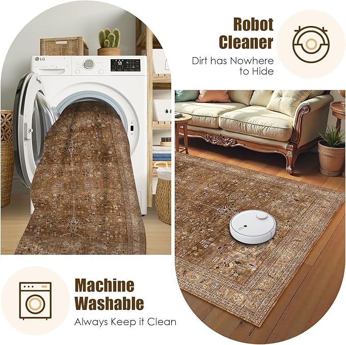 Washable Area Rug 8' x 10' Vintage Traditional Persian Mat - Foldable Distressed Non-Slip Machine Washable Carpet for Living Room Bedroom Kitchen Home Decor - Bronze and Ivory
