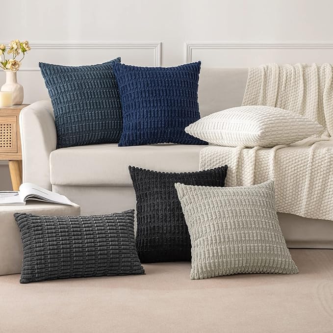 MIULEE Pack of 2 Corduroy Decorative Lumbar Throw Pillow Covers 20x12 Inch Soft Boho Striped Pillow Covers Modern Farmhouse Home Decor for Summer Coastal Sofa Living Room Couch Bed Dark Blue
