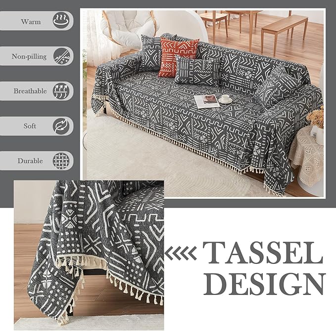 HANDONTIME Black White Boho Sofa Cover Geometric Farmhouse Tassel Couch Covers Boho Living Room Décor Dog Sofa Covers for Slipcover Aesthetic Couch Cushion Cover Couch Protector for Dogs, 71" X134"