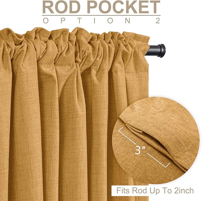 100% Blackout Shield Linen Blackout Curtains for Bedroom 90 Inches Long,Back Tab/Rod Pocket Living Room Drapes,Thermal Insulated Textured Blackout Curtains 2 Panels Set,50" W x 90" L,Mustard Yellow