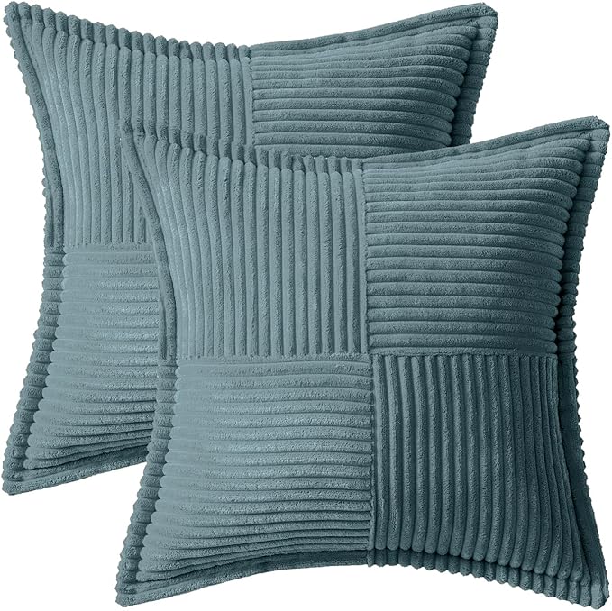 MIULEE Decorative Throw Pillow Covers for Couch Bed Livingroom 16x16 Inch Set of 2 Dusty Blue Boho Accent Throw Pllows Broadside Striped Patchwork Soft Corduroy Summer Coastal Pillowcases