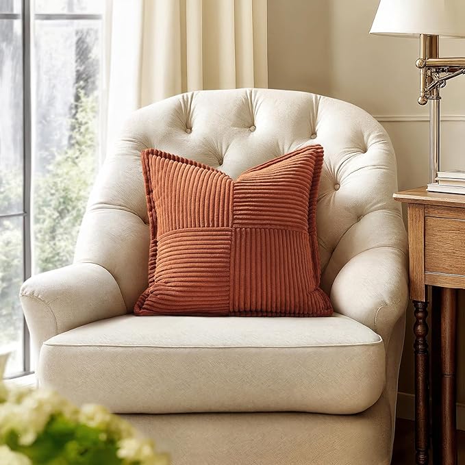 MIULEE Dark Rust Decorative Throw Pillow Covers for Couch Bed Livingroom 18x18 Inch Set of 2 Boho Accent Throw Pllows Broadside Striped Patchwork Soft Corduroy Pillowcases
