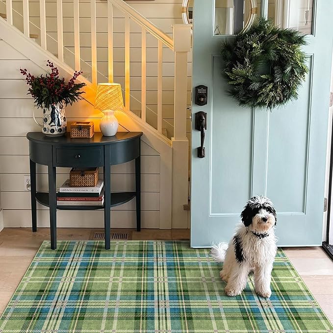 3x5 Buffalo Entry Rug - Small Washable Indoor Outdoor Mats for Front Door Non-Slip Porch Rug Green Teal Plaid Tartan Throw Rugs for Living Room Bedroom Entryway Kitchen Office Porch Decor