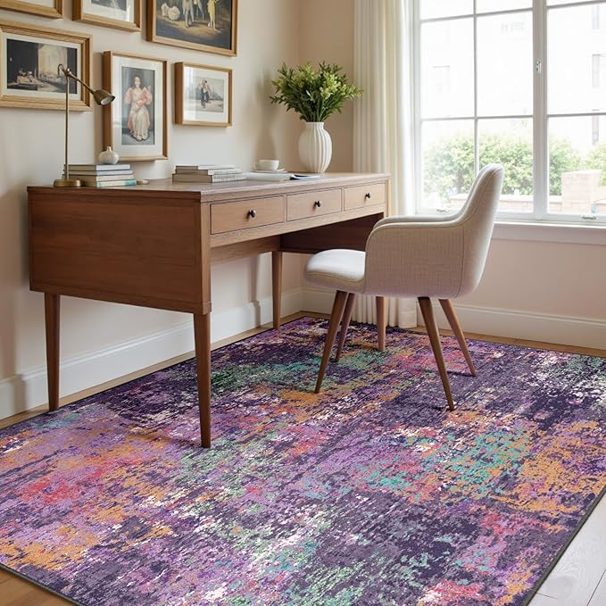 Washable Area Rugs 6'x8' Non-Slip Modern Abstract Soft for Living Room Entryway Bedroom Nursery, Print Pattern, Purple Orange Blue Green Rust Red Colorful