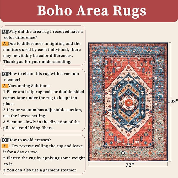 SERISSA Washable Rugs 6x9 Area Rugs, Large Non-Slip Boho Living Room Rust Rug, Ultra Soft Vintage Print Distressed Oriental Tribal Farmhouse Carpet for Dining Room Bedroom Dorm Office Home Decor