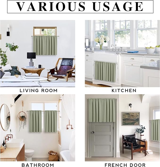 RYB HOME Short Blackout Curtains for Small Window, Sunmmer Heat Light Blocking Privacy Protection Curtains for Sunroom Laundry Room Stair Window, Width 52 by Length 36, Sage Green, Set of 2