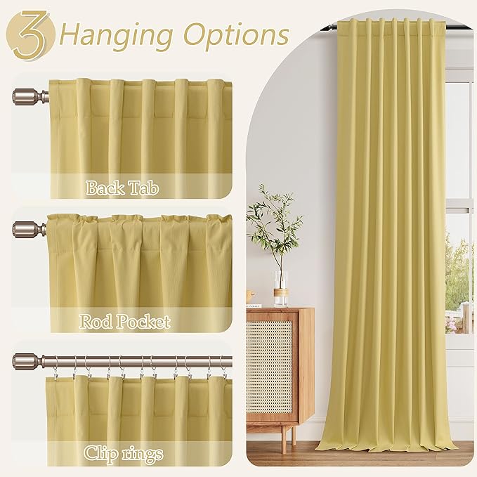 Guken Yellow 100% Blackout Linen Curtains 108 Inch Length 2 Panels Set for Living Room Bedroom Back Tab Thermal Insulated Black Out Drapes Room Darkening Farmhouse Window Curtains, 52x108