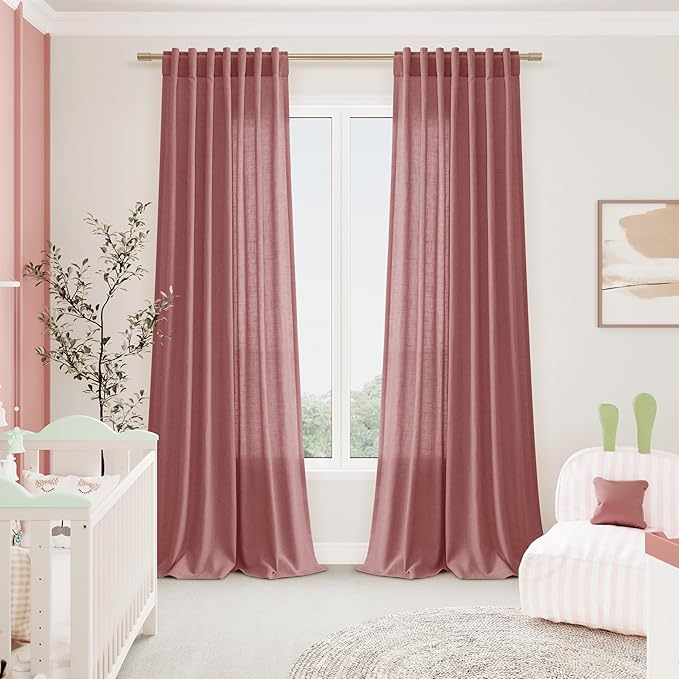 Nanspring Canyon Rose Linen Curtains 96 Inches Long 2 Panels Set for Living Room Rod Pocket Back Tab Semi Sheer Light Filtering Protect Privacy Dusty Rose Curtain for Bedroom Floor Length 52x96