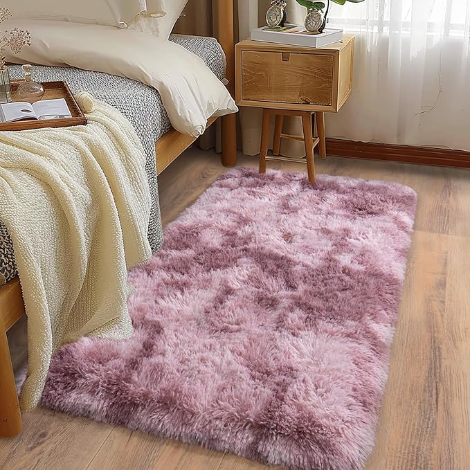 Soft Runner Rugs for Bedroom Hallways, 2x4 Tie-Dyed Grey Purple Fluffy Shag Throw Area Rug Non Slip for Bedside Dorm, Long Shaggy Furry Carpet for Nursery Living Room