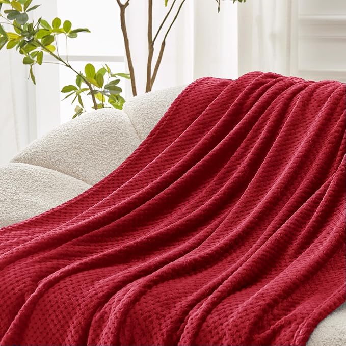 Exclusivo Mezcla Fleece Bed Blanket Queen Size, Super Soft and Warm Blankets for Couch, Sofa and Bed Waffle Textured, Cozy, Fuzzy and Lightweight (Deep Red, 90x90 Inches)