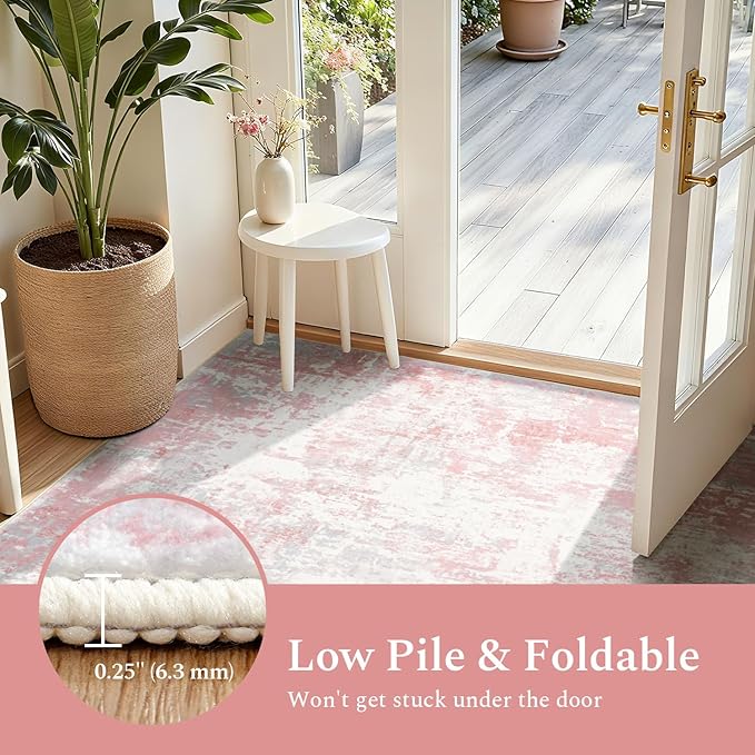 Rugflix 8x10 Area Rugs for Kids Girls Room, Washable Large Rug Stain-Resistant Low Pile, Modern Non Slip Carpet for Nursery Bedroom Living Room Home Office, Pink