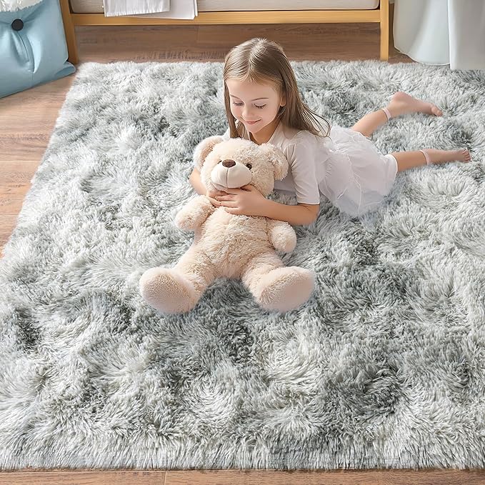Pionblank 9x12 Area Rug, Large Area Rug for Living Room, Shag Rug for Bedroom, Soft Furry Non Slip Carpet for Kids Room Nursery Teens Dorm Home Decor, Tie Dye Grey