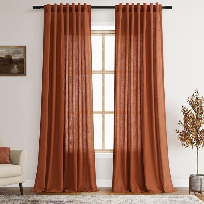 Linen Blend Terracotta Curtains 96 inches Long 2 Panel Back Tab Rod Pocket Rustic Farmhouse Boho Curtains for Dining Room Semi Sheer Brick Burnt Bohemian Fall Decor Rust Curtain 96 inch Length