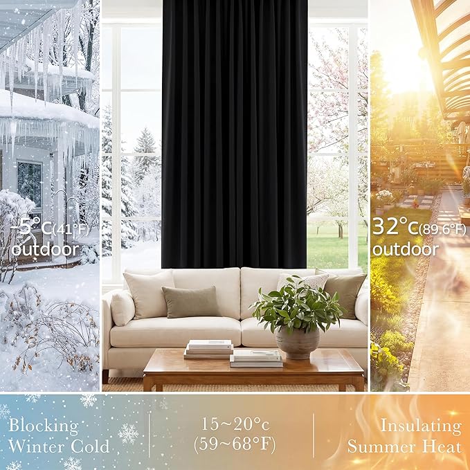 PONY DANCE Nursery Blackout Curtains - Thermal Insulated Panels Set Window Hidden Tab/Rod Pocket Light Blocking Curtain Drapes for Bedroom, 42-inch Wide by 54-inch Long, Black, 2 Pieces