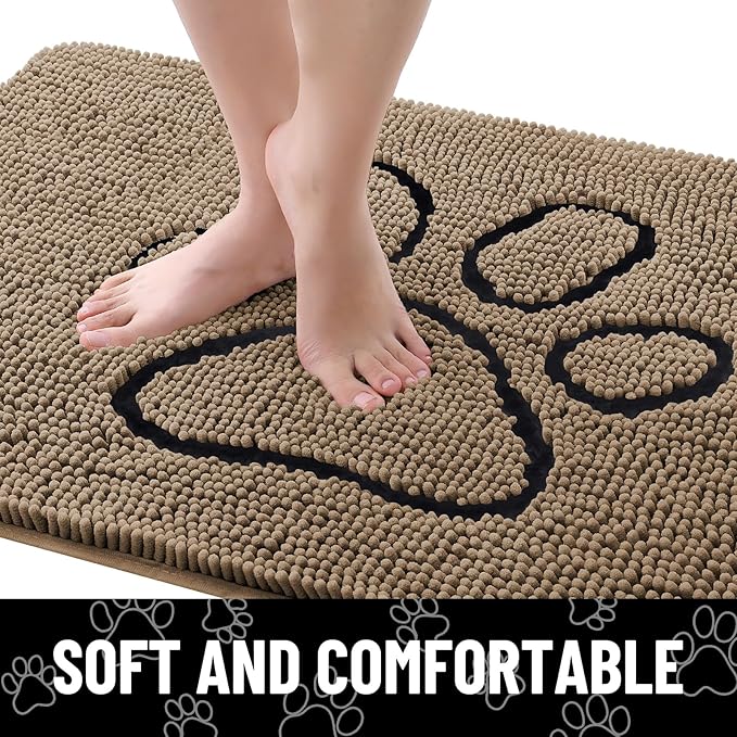 Smiry Dog Door Mat for Muddy Paws, Absorbent Dirt Trapper Non Slip Quick Dry Washable Chenille Mat for Mud Dogs, Entry Rug for Indoor and Outdoor (47x32 Inches, Camel and Black)