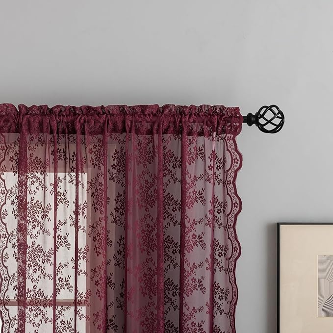 YJ YANJUN Vintage Lace Curtains 108 Inches Long-Victorian Floral Pattern Burgundy Red Sheer Curtain Panels for Living Room Bedroom Farmhouse Wine Winter Voile Window Drapes 52" W x 108" L 2 Panels