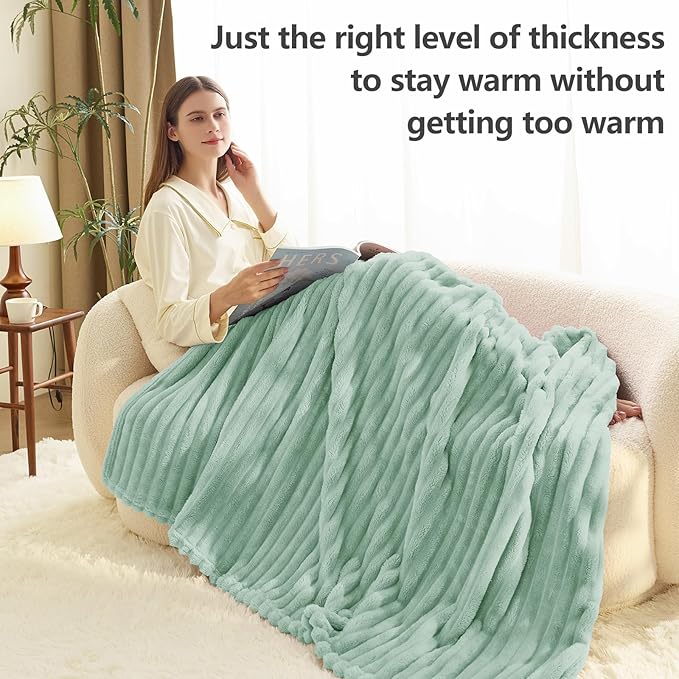 HIMEET Sage Green Ribbed Throw Blanket for Couch - 300GSM Lightweight Soft Fleece Blanket for Women, Cozy Blankets for Mothers Gifts, Striped Spring Home Room Decor, Sage Green, 50x60 Inches