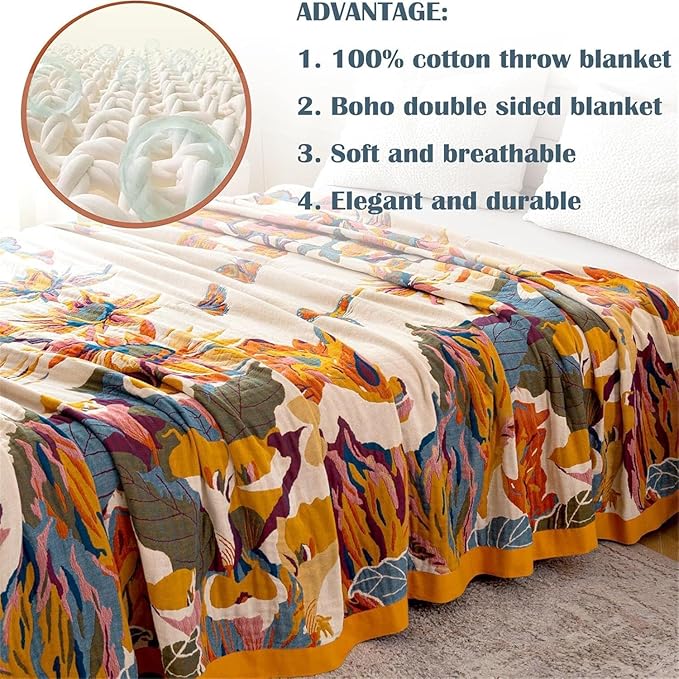 MSGKV Boho Throw Blanket King Size 108" x90'' Cotton Blanket for Bed Spring Decoractive Breathable Throw Blankets Quilt Living Room