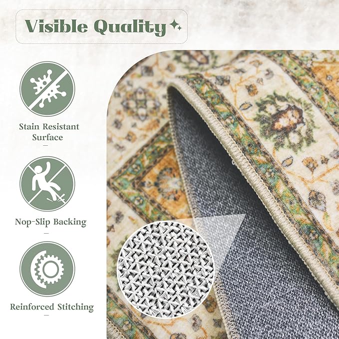 Area Rug 9x12 Washable Rug, Vintage Boho Medallion Rugs Non-Slip Soft Low Pile Large Distressed Rug Indoor Retro Carpet for Living Room Bedroom Dining Room Home Office (Vintage Green, 9'x12')