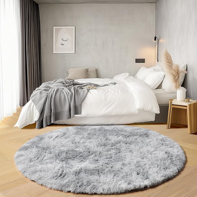 ONASAR Round Rugs 5ft for Bedroom Living Room, Fluffy Tie-Dyed Light Grey Circle Area Rug for Kids Girls Boys Teen, Soft Plush Shaggy Carpet for Nursery Dorm Classroom Playroom Home Decor Aesthetic
