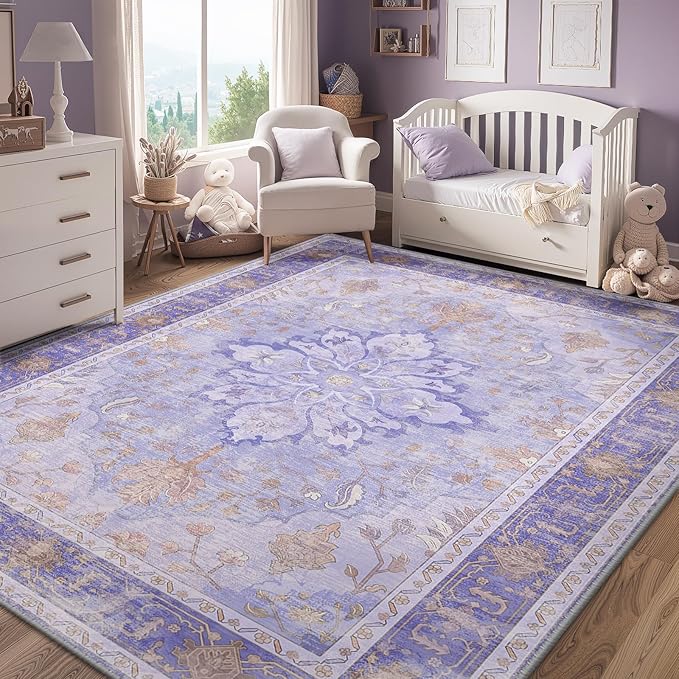 RELEANY Area Rugs 9'x12' Washable Non-Slip, Floral Vintage Distress Print Pattern Medallion Carpet for Living Room Bedroom Dining Room, Light Purple Brown