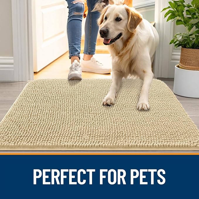 OLANLY Dog Door Mat for Muddy Paws 47x17, Absorbs Moisture and Dirt, Absorbent Non-Slip Washable Doormat, Quick Dry Chenille Mud Mat for Dogs, Entry Indoor Entryway Carpet for Inside Floor, Sand