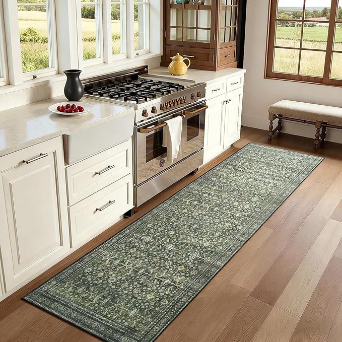 Lofus 2x10 Area Rug for Hallways,Green Washable Runner Rugs with Non Slip Rubber Backing, Low Pile Soft Carpet Runner for Kitchen Bathroom Bedroom Laundry