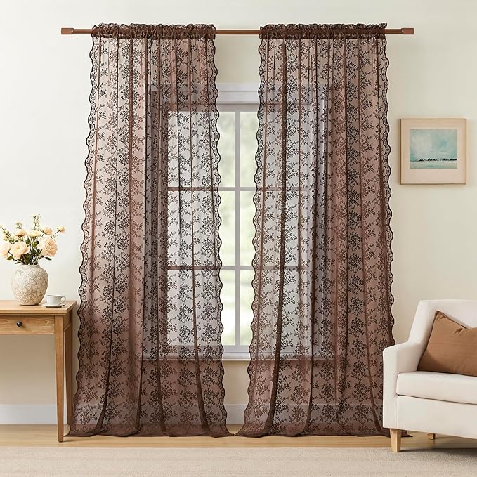 YJ YANJUN Vintage Lace Curtains 84 Inches Long-Victorian Floral Boho Brown Sheer Curtains for Living Room Bedroom, Light-Filtering Rustic Farmhouse Window Treatment, Chocolate 2 Panels 52W x 84L