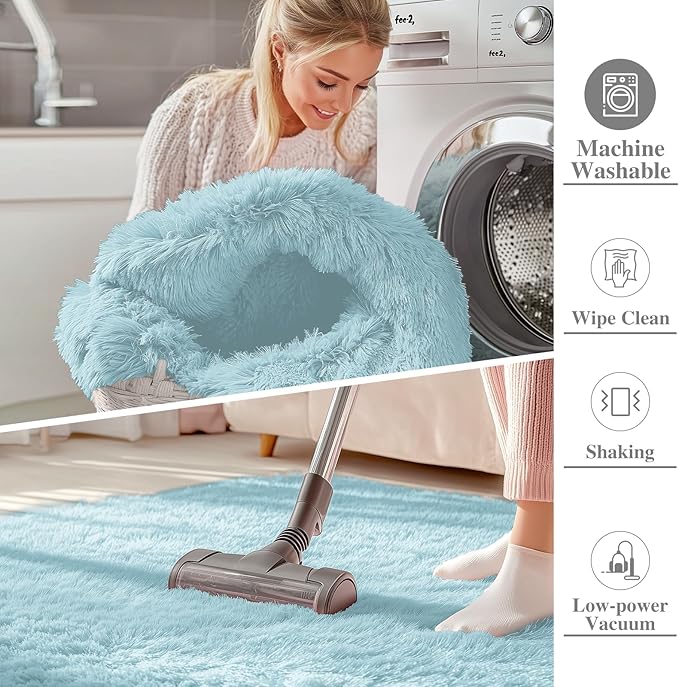 OLANLY 2x3 Machine Washable Small Bedside Rug, Soft Fluffy Shaggy Entryway Throw Rugs for Bedroom, Living Room, Indoor Floor Carpet for Kids Girls and Boys, Home Decor Aesthetic, Light Blue