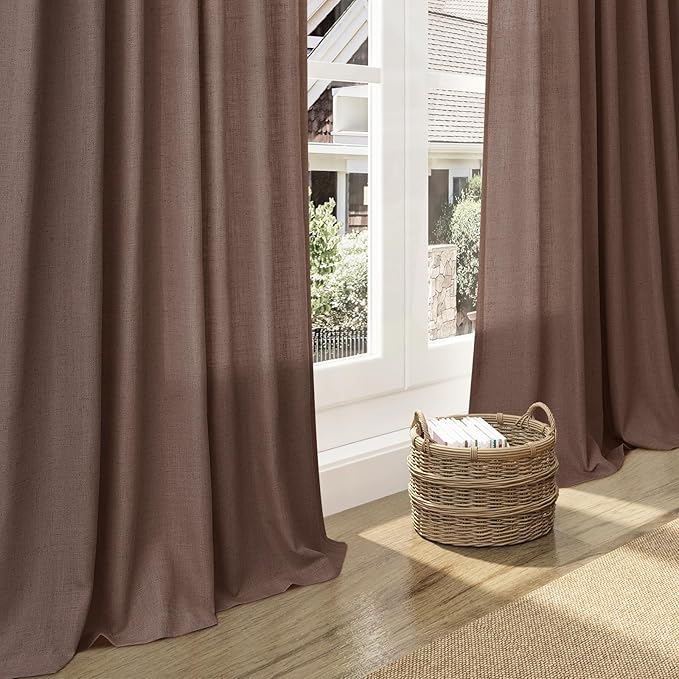 Mocha Mousse Curtains 84 Inch Length 2 Panels Set Back Tab Rod Pocke tLinen Blend Light Filtering Semi Sheer Textured for Neutral Farmhouse Living Room and Bedroom Decor 52x84