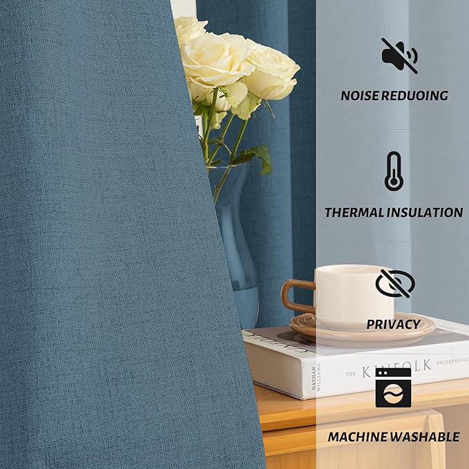 Yakamok Dusty Blue Linen Curtains 100% Blackout 96 Inches Long,Room Darkening Textured Drapes for Living Room Thermal Grommet Bedroom Curtains 2 Panels with White Liner