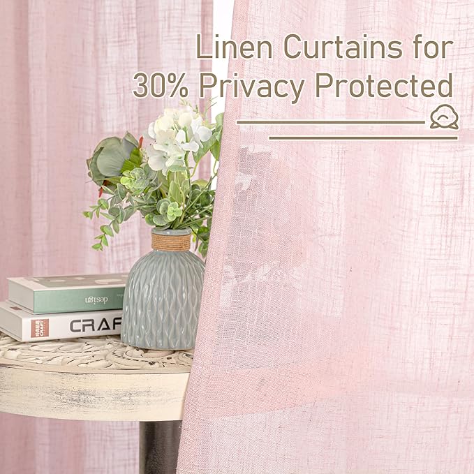 LAMIT Semi Sheer Linen Curtains 45 Inches Long, Light Filtering Panels Back Tab and Rod Pocket Neutral Drapes for Girls Room/Window/Bedroom, Pink, 2 Panels, 52 x 45 Inch