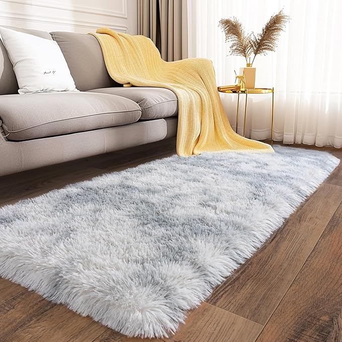 Ultra Soft Runner Rugs for Bedroom Hallways with Upgraded Non-Slip Rubber Backing & Thick Memory Sponge, 2x8 Feet Fluffy Shag Throw Area Rug for Bedside Dorm Tie-dye Light Grey