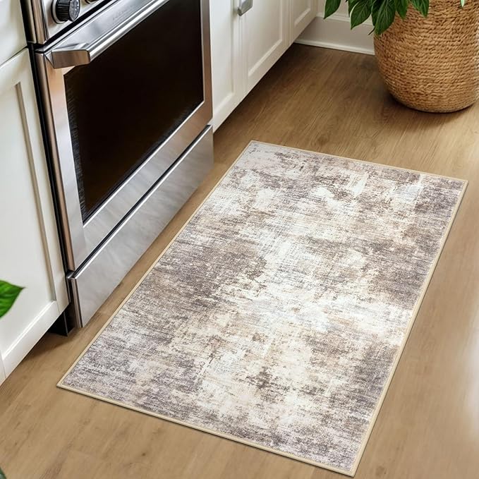 IOHOUZE Small Abstract Area Rug 2x3 Ft Entryway Rugs Washable Door Mat Indoor Entrance, Rubber Backed Throw Rugs, Printed Faux Wool Non Slip Floor Carpet for Foyer Front Door Sink, Beige Brown