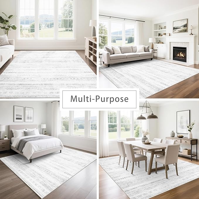 Moroccan Washable Rugs 8x10 Area Rugs for Living Room,Bedroom,Dining Room- Large Ultra Soft Faux Wool Retro Carpet,Non Slip&Non-Shedding Low Pile Vintage Print Rug for Home Office-(Gray-White)